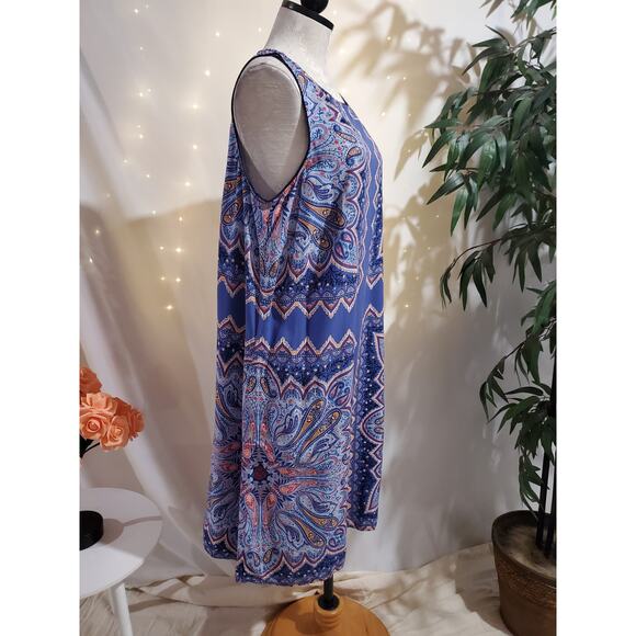 J Jill Paisley Boho Boat Neck Sleeveless Sheath Dress Sz L Majestic Blue Pockets - Picture 3 of 10